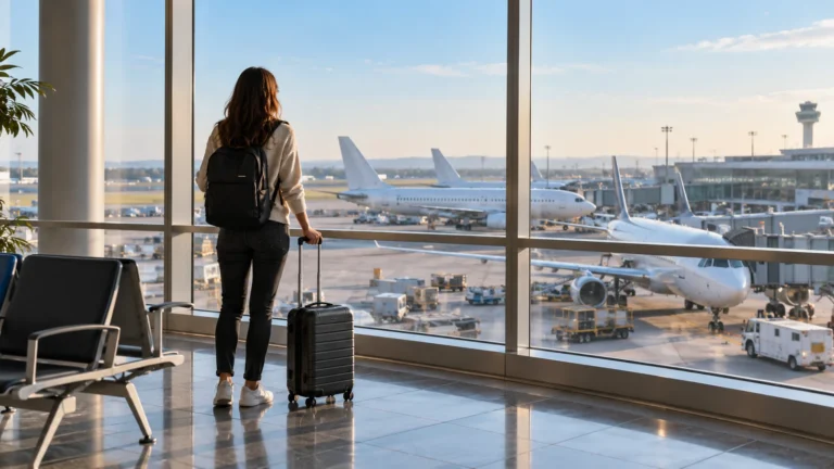 Traveller with a backpack and cabin suitcase overlooking aircraft at an airport terminal