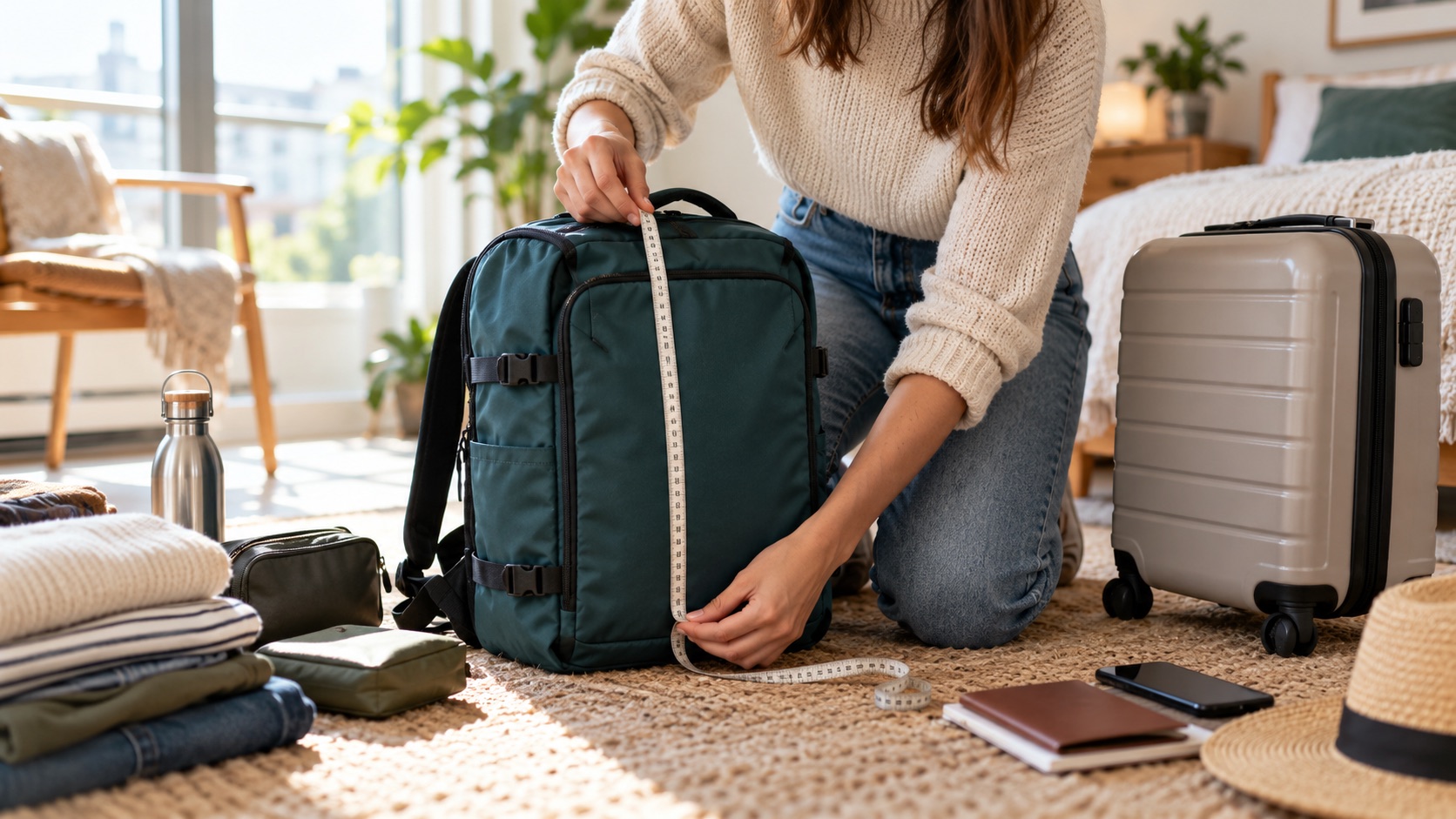 Traveler measuring a teal under-seat backpack next to a small cabin suitcase